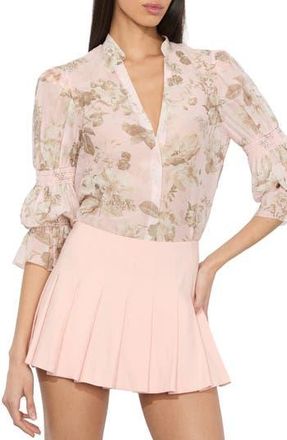 Alice & Olivia Ilan Smocked Puff Shoulder Cotton & Silk Shirt in Pink Meadow at Nordstrom Rack, Size Small