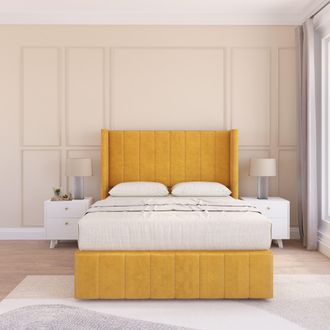 Sloomy Melbourne Upholstered Wingback Bed Set With No Drawers & 54 Floor standing Headboard -Plush Velvet in Gold | Size: King