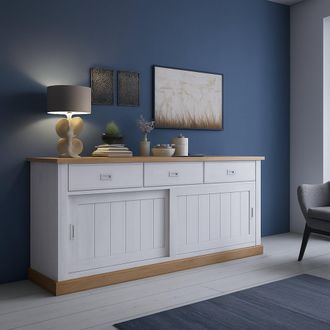 Dmora Credenza Malonno, Madia 3 Cassetti, 2 Ripiani, Apertura Scorrevole, 220x50x95h Cm Bianco
