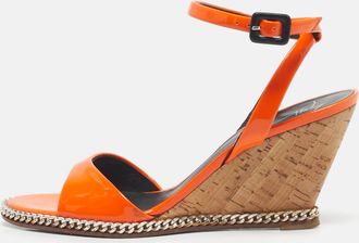 Giuseppe Zanotti Orange Patent Leather Chain Cork Wedge Ankle Strap Sandals