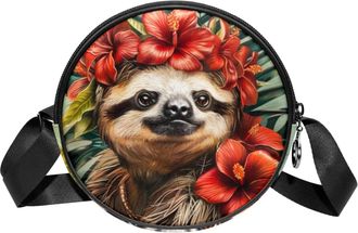 Generic Circle Crossbody Bag for Women, Sloth Tropical flower Small Sling Bag Daypack with Zipper Adjustable Shoulder Straps Casual Ladies Girls Round Purse