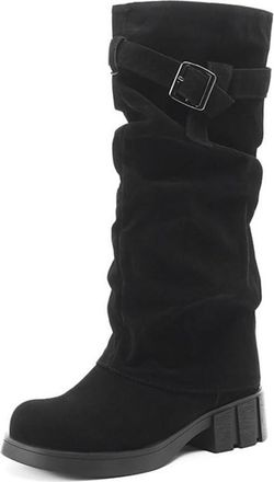Generic Womens Block Heel Platform Western Boots Faux Suede Long Boots with Buckle Round Toe Knee High Boot,Black,6.5 UK