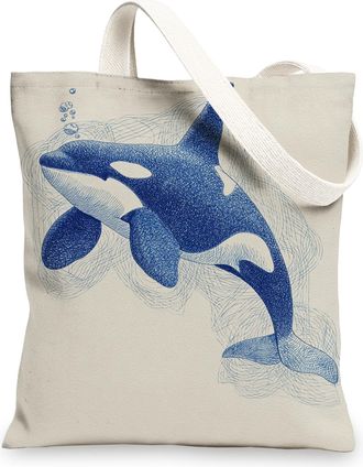 Generic Oceanic Canvas Tote Bags, Whale Design Lightweight Washable Shopping Bags, Artistic Marine Eco-Friendly Shoulder Bags for T, Blue, 13x15 Inch