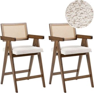 Beliani Set of 2 Bar Chairs Brown and Light Beige Rubberwood Frame Boucle Seat Retro Dining Room Kitchen AVA