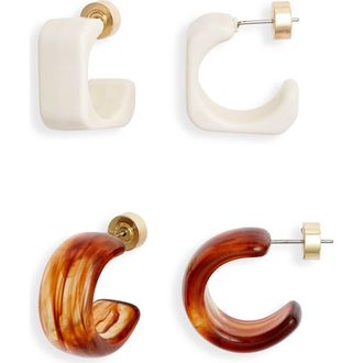 Nordstrom Set of 2 Resin Hoop Earrings in Brown- Ivory at Nordstrom Rack