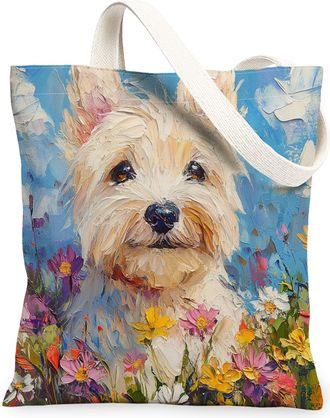 Generic Spring Westie Dog Canvas Tote Bag for Shopping 13x15, Oil Painting Wildflower Puppy Reusable Grocery Print Pattern Bag for Women, Fun Pet Beach Aesthe