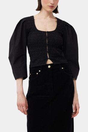 Ganni Black Cotton Poplin Smock Blouse - Size 32 Organic