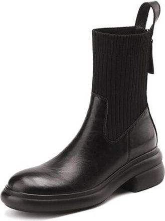 Generic Womens PU Leather Ankle Boots Round Toe Ribbed Knit Panel Thick Platform Block Heels Side Zipper Pull Tab Soft Lining Cushioned Insole Durable Outsole