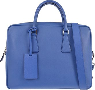 Prada Zip Around Briefcase Saffiano Leather Blue Leather Briefcase Bag (Pre-Owned)