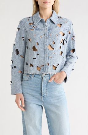 Alice & Olivia Embroidered Cutout Floral Denim Crop Shirt Jacket in Rockstar Blue at Nordstrom Rack, Size X-Small