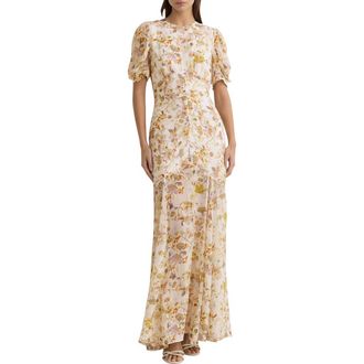 Reiss Naia Metallic Floral Print Back Cutout Maxi Dress in Ivory at Nordstrom, Size 12 Us