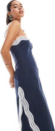 4th & Reckless 4th + Reckless - Vestito lungo a fascia effetto lino blu con finiture ondulate a contrasto