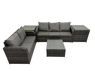Fimous Love Sofa Square Coffee Table Sets with 2 Side Tables 2 Small Stools in Dark Grey