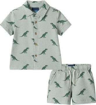 Andy & Evan Print Seersucker Button-Up Shirt & Shorts Set in Green Dino at Nordstrom, Size 12-18M