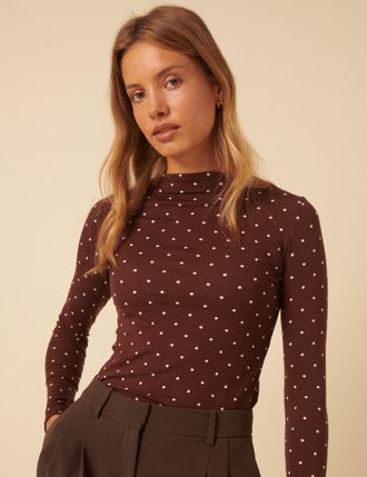 Nobody's Child Brown Polka Dot High Neck Long Sleeve Top