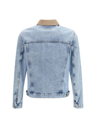 Brunello Cucinelli Mens Denim Jacket With Suede Collar Light Cotton