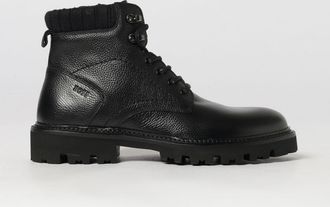 HUGO BOSS Julyo Grained Leather Combat Boots with Padded Ankle and Notched Sole