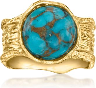 Ross-Simons Turquoise Wide-Band Ring in Textured and Polished 18kt Gold Over Sterling
