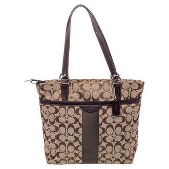 Coach Brown /beige Canvas And Patent Leather Top Zip Tote