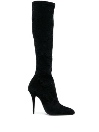 Saint Laurent Ella velvet 110mm thigh-high boots - women - Leather/Polyester/Fabric - 35 - Black