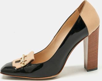 Tod's Tods Black/beige Patent Leather And Leather Block Heel Square Toe Pumps