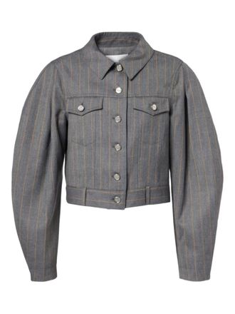 Ganni pinstripe balloon-sleeves jacket - women - Wool/Recycled Polyester/Viscose/Recycled Acetate/Viscose - 36 - Grey