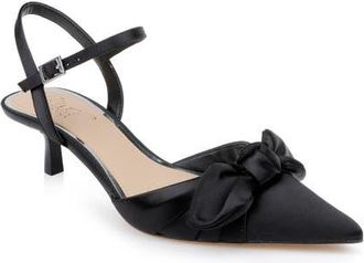Badgley Mischka Ember Ankle Strap Pointed Toe Kitten Heel Pump in Black Satin at Nordstrom, Size 8.5