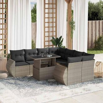 vidaXL Set Muebles Jard&iacute;n 9 Pzas Y Cojines Rat&aacute;n Sint&eacute;tico Gris Claro Vidaxl