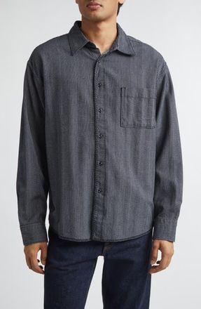The Elder Statesman Summer Weave Stripe Cotton Button-Up Shirt in Twilight Chevron at Nordstrom, Size X-Large