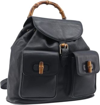 Gucci Vintage Bamboo Leather Black Leather Backpack Bag (Pre-Owned)
