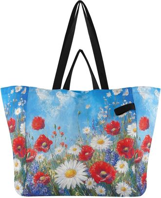 Generic Poppy Flower Blue print Reusable Canvas Tote Bag, Heavy Duty Grocery Shopping Bag with Large Capacity Hard Bottom Double Handles Work Groceries Travel