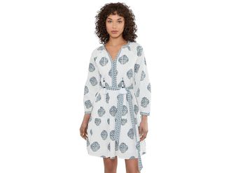 Tommy Bahama Mosaic Shores Long Sleeve Short Dress Womens Dress White : LG (US 12-14), Cotton