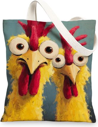 Generic Funny Chicken Canvas Tote Bags, Animal Design Reusable Grocery Bags, Lightweight Washable Canvas Shoulder Bag for G, yellow, 13x15 Inch