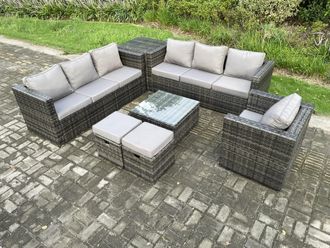 Fimous 9 Seater Rattan Garden Furniture Sofa Set with Armchair Side Table Square Coffee Table 2 Small Footstools Indoor in Dark Grey