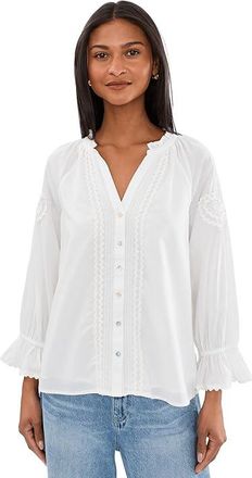 Liverpool L.A. 3/4 Sleeve Button Front Woven Top With Embroidery Womens Clothing Bone : LG, Cotton