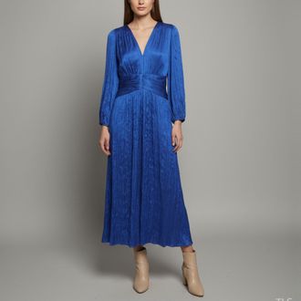 Maje Blue Satin Pleated Raleyma Maxi Dress
