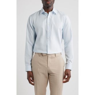 Nordstrom Trim Fit Premium Linen Dobby Dress Shirt in Blue Adriano Texture at Nordstrom, Size 15.5 - 32