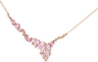 House of Brilliance 18K Rose Gold 1/2 Cttw Brown Diamond and Multi-Size Oval Pink Sapphire Cluster Cascade Statement Station Necklace