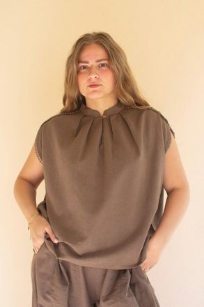 Kalalou High-Neck Short-Sleeve Blouse W Flat Pom-Pom Lace- Oregano