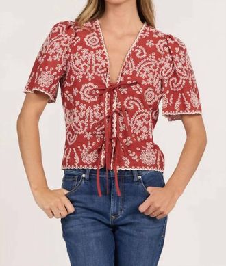 Dear John Denim Cielo Embroidered Tie Front Blouse In Burnt Brick