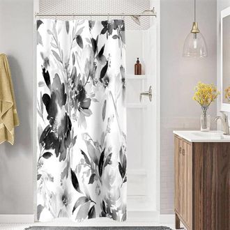 OEM Cortina De Ducha Peque&ntilde;a De 36x72 Pulgadas Con Dise&ntilde;o Floral En Acuarela, Dise&ntilde;o Floral Abstracto Moderno En Blanco Y Negro Incluye Ganchos