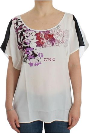 Costume National Chique witte V-hals T-shirt met print - Dames - Blouses - Wit - S - Polyester - Overhemden