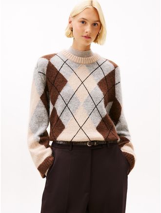 Tommy Hilfiger Womens Oversized Argyle Alpaca Blend Sweater - Brown - S-M