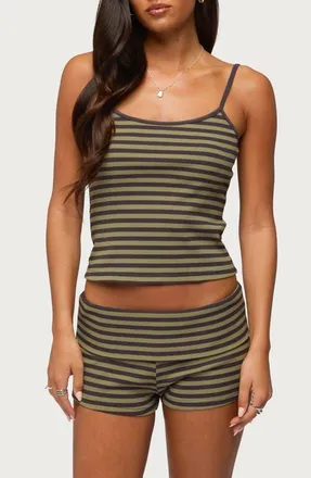 Edikted Jody Stripe Rib Tank Top in Gray-And-Olive at Nordstrom, Size X-Large