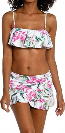 La Blanca Mystic Palms Ruffle Bandeau Swim Top In White/hot Pink
