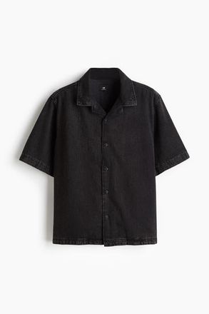 H&M Regular Fit Denim Resort Shirt in Black at Nordstrom, Size Xx-Large