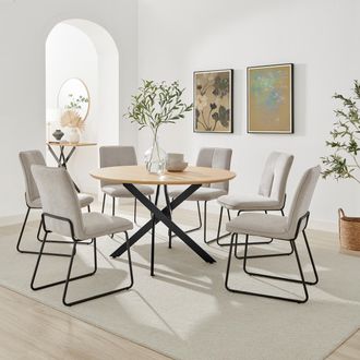 Furniturebox Novara 120cm Oak Effect Dining Table & 6 Halleyy Taupe Fabric Chairs in Beige