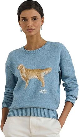 Lauren Ralph Lauren Petite Intarsia-Knit Golden Retriever Sweater Womens Sweater Blue Note Heather : PXS, Cotton