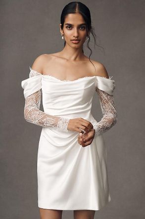 Watters Harlow Off-The-Shoulder Satin & Lace Mini Dress