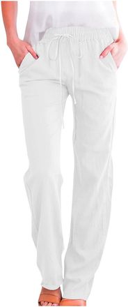 Generic Womens Summer Cotton Linen Trousers Ladies Casual Elastic Waist Drawstring Pants Lightweight Straight Wide Leg Comfy Loose Fit Palazzo Pants Holiday B